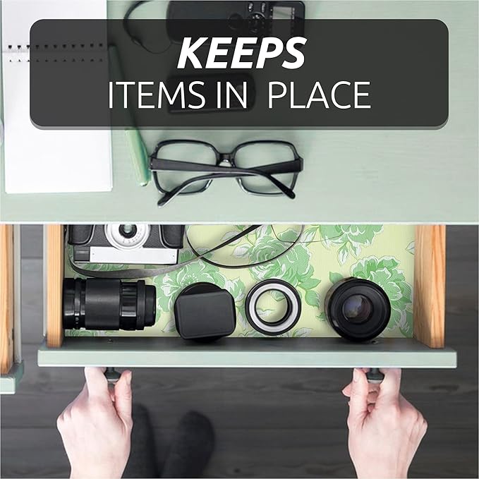 FIFTY FEET 18X96 Inch Shelf Liner for Kitchen Cabinets, PVC Drawer Liner for Dresser Non-Slip Bathroom, Non-Adhesive Cabinet Liner Washable (Green Flower)(4 Roll)