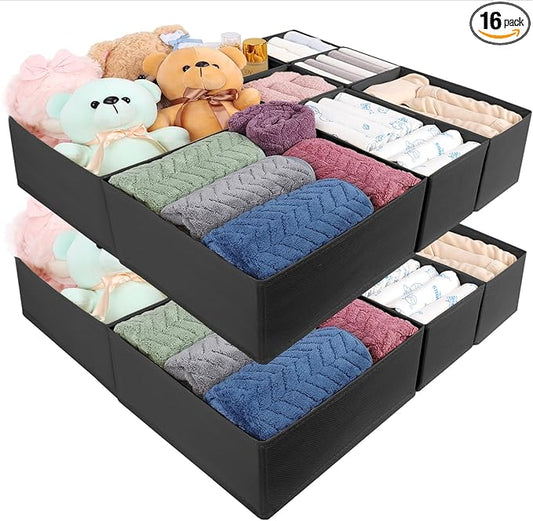 Drawer Organizer Clothes, 16 Pack Dresser Organizer Bins, Foldable Closet Organizers and Storage Fabric Dresser Bins, Shallow Drawer Dividers for Clothing, Underwears, Socks, Tie