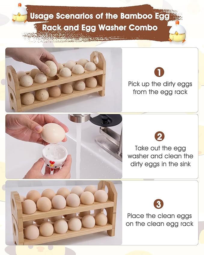 Bamboo Egg Holder Countertop with Silicone Egg Cleaner, 2-Tier Egg Holder for 24 Eggs, Stackable Design for Fresh Eggs, Farmhouse Egg Tray Storage Display Rack，Fits Quail, Duck, Chicken Eggs