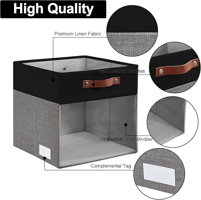 Bagnizer Storage Cubes, 4 Pack Linen Foldable Storage Bins (13 x 13 inch) with Clear Window and Handles, Fabric Organizer for Shelf Closet, Clothes, Books - (Gray and Black)