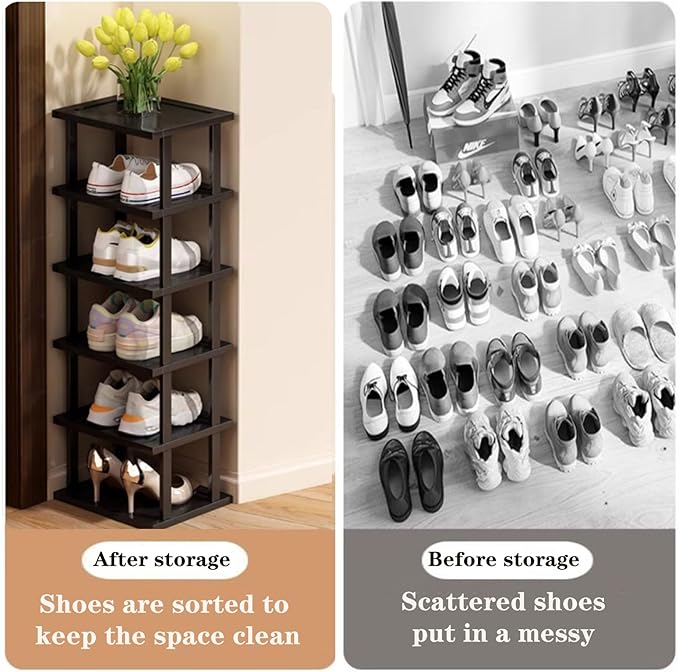 Vertical Shoe Rack - Tall Narrow Shoe Rack Organizer for Small Spaces,7 Tier Bamboo Shoen Shelf for Entryway,Closet,Corner,Doorway,Skinny Shoe Shelf Space Saving Shoe Storage,Free Stackable DIY