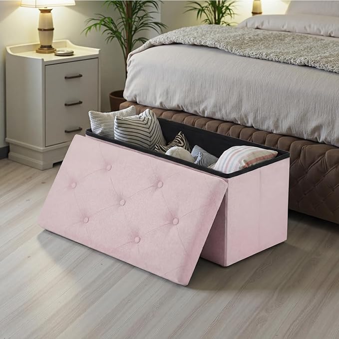 DUMOS Storage Ottoman Bench, 30in Storage Bench Foot Rest Stool with Padded Seat, Bedroom Bench with for Living Room, Support 660lbs, Pink