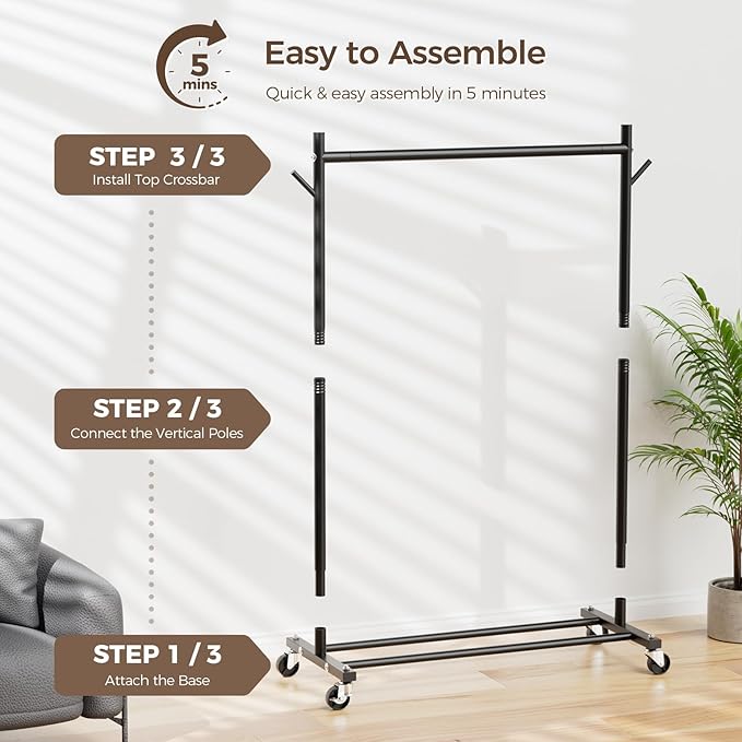 Clothes Rack, Clothing Rack for Hanging Clothes Load 280LBS, Rolling Garment Rack, Portable Coat Rack Freestanding Clothes Rack with Wheels Wardrobe Rack Easy Assembly for Bedroom Living Room, Black