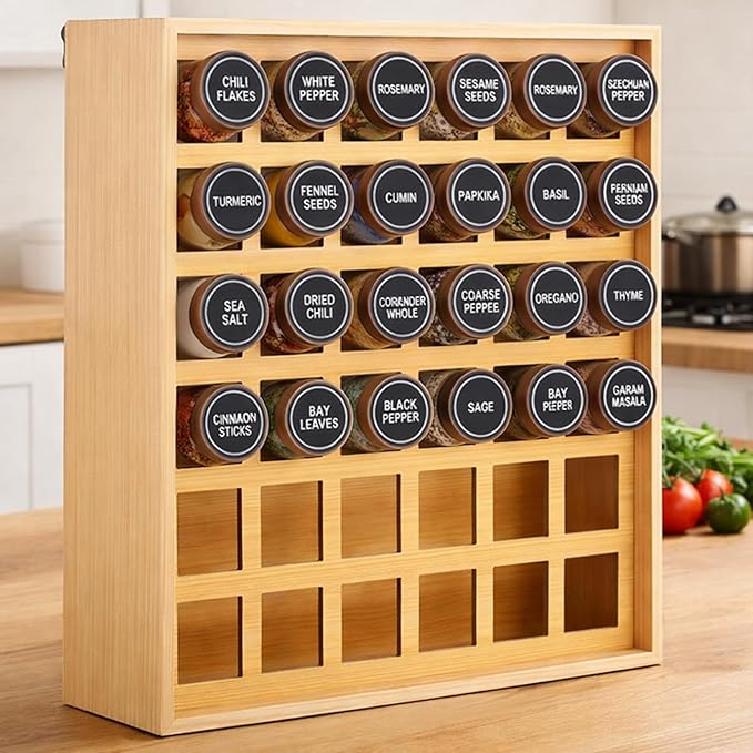 Novabright 36 Grids Bamboo Spice Rack Organizer, Wooden Spice Rack Wall Mount with Square Compartments, Wood Hanging Shelf for 4 oz Glass Jar Drawer Cabinet Kitchen Countertop Wall