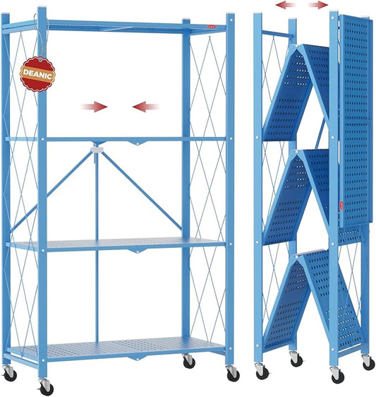 DEANIC 4 Tier Foldable Storage Shelves with Wheels, Large Capacity Shelving Unit, Freestanding Metal Wire Shelf Rack, No Assembly Organizer Rack for Garage Kitchen, Basement(Blue)