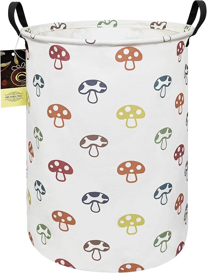 HUNRUNG Collapsible Fabric Storage Basket, Waterproof Laundry Hamper with Handles, Round Storage Bin for Clothes Toys, Foldable Organizer for Bedroom Nursery Bathroom(Round-Color Mushroom)