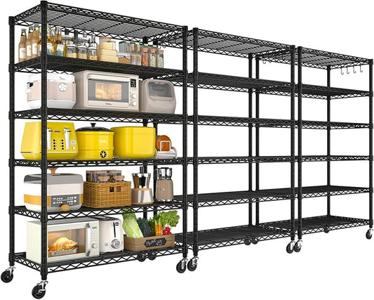 PrimeZone 6 Tier Wire Shelving with Wheels 79''H 1500lbs Storage Shelves NSF Certified Heavy Duty Steel Metal Shelf Adjustable Rolling Rack Kitchen Garage Closet Pantry Laundry 79''HX36''WX16''D 3Pcs