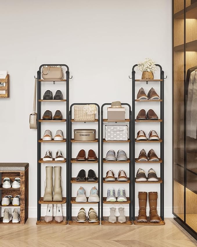 Hzuaneri 6 Tiers Vertical Shoe Rack, Narrow Shoe Tower, Tall Shoes Shelf with 2 Hooks, Adjustable Shelves, Corner Shoes Shelves for Small Spaces, Entryway, Living Room, Rustic Brown SR04201B