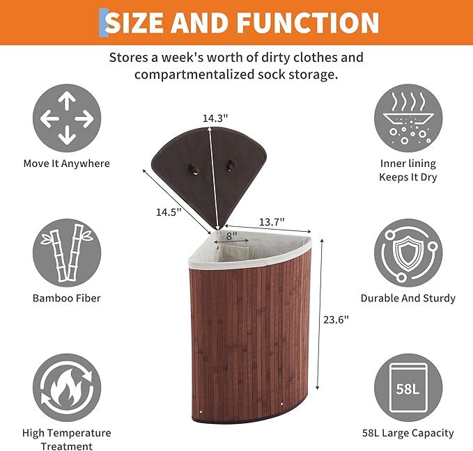 GarveeHome Corner Laundry Hamper with Lid, 15.3 Gal / 58 L Large Foldable Bamboo Laundry Basket with Washable Liner Bag, Wicker Clothes Hamper for Bedrooms Bathrooms Apartments, Brown