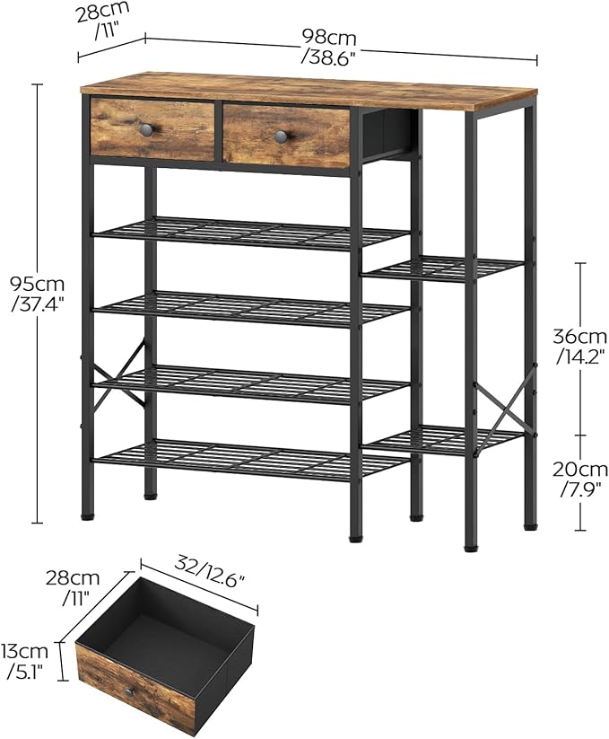 YATINEY 6-Tier Shoe Rack for Entryway, Freestanding Shoe Shelf with 2 Drawers and Tabletop, Metal Shoe Organizer for Closet, Entryway Shoe Storage Holds 26 Pairs, Rustic Brown and Black SS13BR