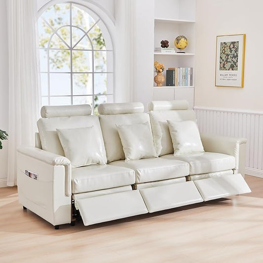 LEVNARY 3-Seater Modular Reclining Sofa, Upholstered Faux Leather Power Recliner Couch with 3 Electric Seats, 3 Pillows & Side Pockets, Adjustable Back & Footrest, Living Room Furniture (White)