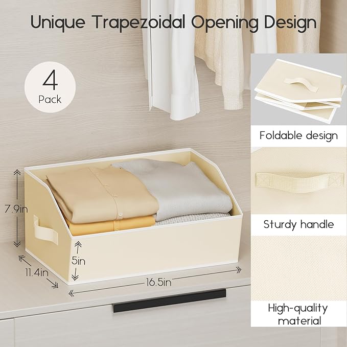 Homsorout Large Closet Organizers and Storage Bins - 4 Pack Trapezoid Storage Baskets for Shelves, Foldable Fabric Baskets with Handles Ideal for Closet, Basket, Wardrobe and Shelf Storage, Beige
