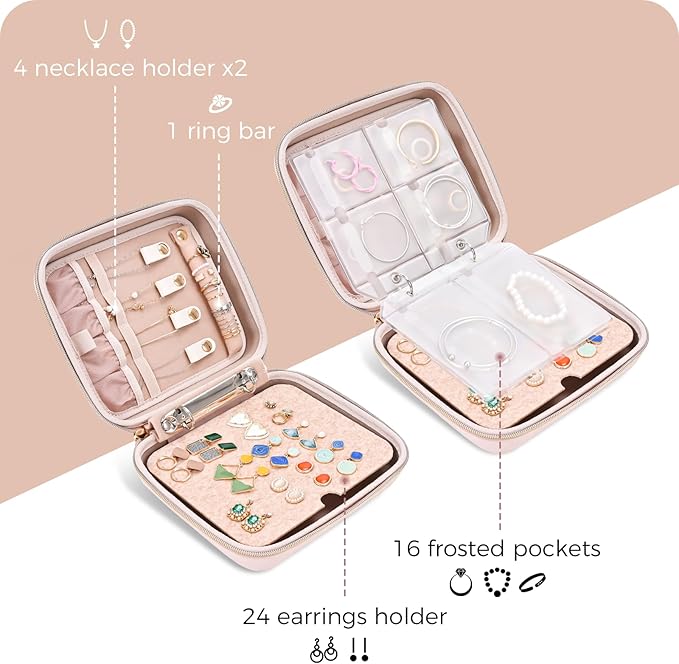 ProCase Medium Travel Jewelry Organizer Case, Jewellery Home Storage Book Ring Binder with Clear Pockets for Presentation, Zippered Pouch Bag for Earrings Necklaces Bracelets -Pink