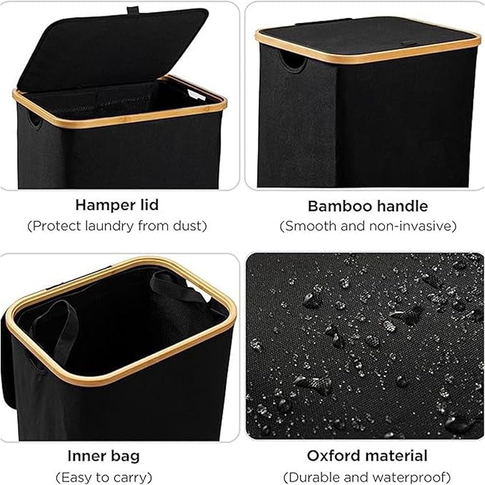 2pcs FLaundry Hamper with Lid,Collapsible Dirty Clothes Hamper Organizer | Large Capacity Space-Saving Design for Bedroom/Laundry Room Essentials (Black)