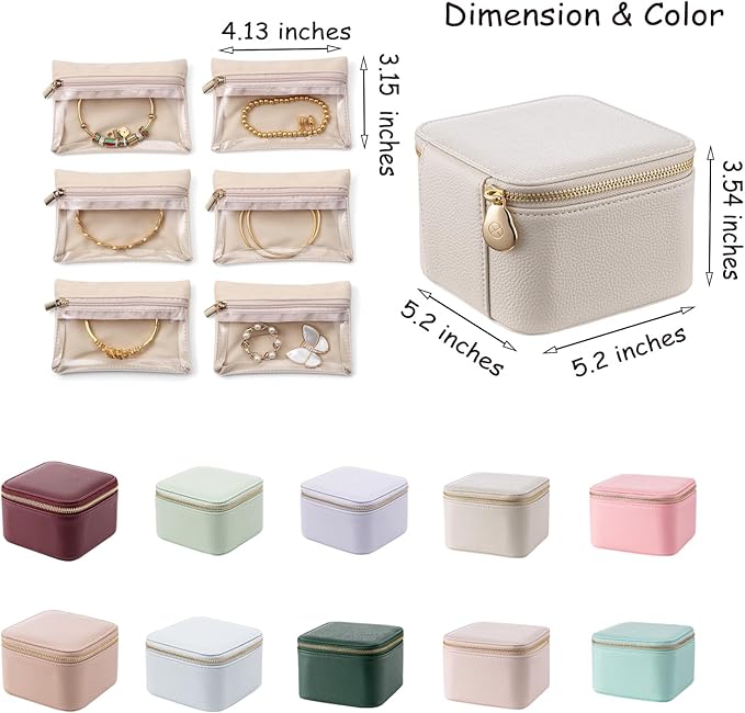 VLANDO Travel Jewelry Box Organizer – Portable PU Leather Jewelry Case with 6/8/12 Zippered Pouches, Compact Storage for Earrings Rings Necklaces Bracelets, Rosy Mauve