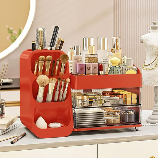 Booklov Makeup Organizer for Vanity, Large Capacity Cosmetic Display Case with Clear Acrylic Drawers, Countertop Beauty Storage Holder for Skincare, Brush Eyeshadow Lipstick, Counter Desk, Crystal Red