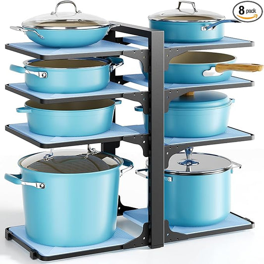 LAMU Pots and Pans Organizer under Cabinet, 8-Tier Heavy Duty Pan Organizers inside Cabinet, Adjustable Pot Rack for Small Kitchen Storage, 15" Height Holds Cast Iron Pans and Skillets Black