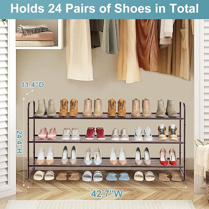 AOODA Long 3 Tier Metal Shoe Rack for Closet Wide Stackable Shoe Storage Organizer for Entryway, Bedroom, Floor, 24-Pairs Men Sneakers Shoe Shelf with Wire Grid, Brown