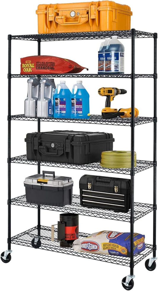 BestOffice | 6-Tier Wire Storage Shelves with Wheels | 18x48x78 | Black | Adjustable Racks | Heavy-Duty Metal Shelf, Holds Upto 600 lbs | No-Tool Assembly | Ideal for Home & Garage Shelving