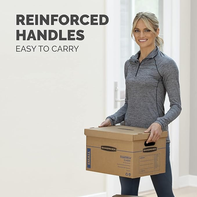 Bankers Box Small Classic Moving Box 20 Pack, Reinforced Handles, Tape-Free Assembly, Box with Lid, 15-In x 12-In x 10-In (7714210)