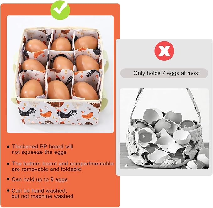 Removable Egg Collecting Basket, Egg Basket for Gathering Fresh Eggs with 9 Pouches, Foldable Canvas Egg Holder, Collector Egg for Chicken, Duck, Goose, Collection (Cartoon Chicken)