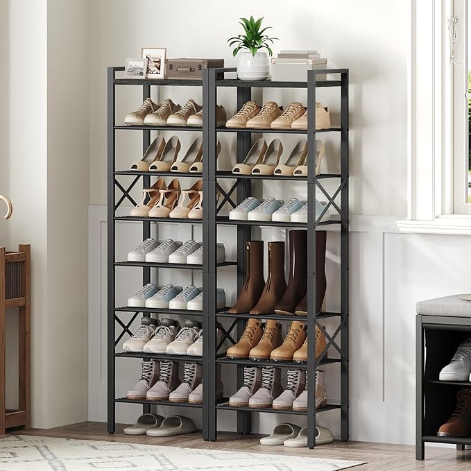YATINEY 8-Tier Narrow Shoe Rack, Tall Shoe Rack for 8-16 Pairs, Slim Shoe Storage Organizer with Wooden Top, Space Saving, Metal Frame, for Entryway, Charcoal and Black SS608BC