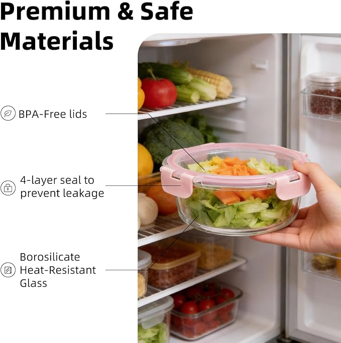 Konokyo Round Glass Food Storage Containers with Lids, 24 Pack Airtight Leakproof Meal Prep Containers, BPA-Free, Microwave Oven Freezer & Dishwasher Safe, Assorted Sizes