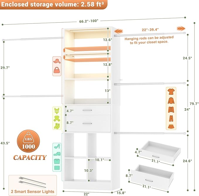 Besiost Closet System, Closet Organizer System with Smart Sensor Lights, Enclosed storage volume: 2.58 ft³, White