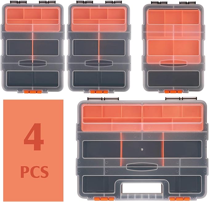 MIXPOWER 4 Piece Set Toolbox Hardware & Parts Organizers, Versatile and Durable Storage, Customizable Removable Plastic Dividers, storage and carry, Black/Orange