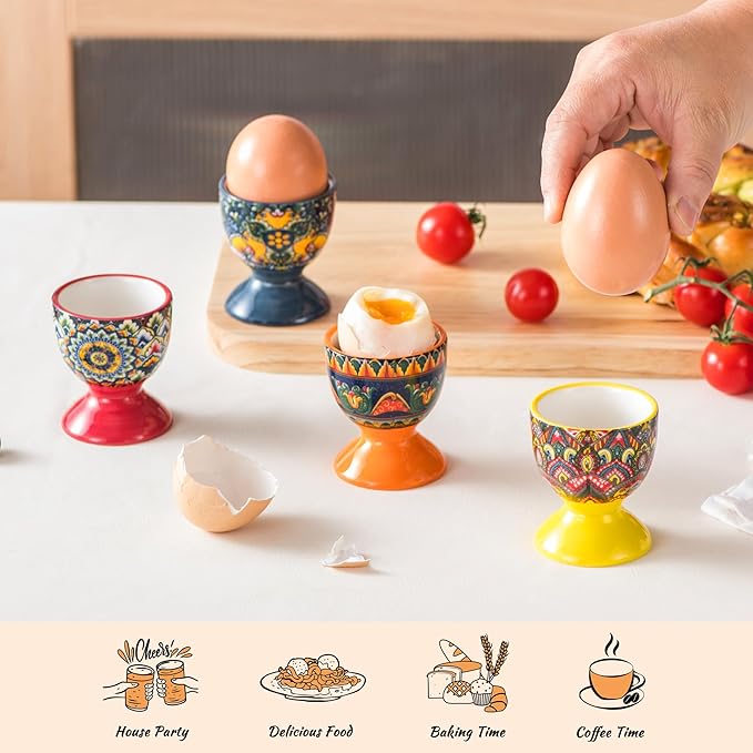 Henten Home Ceramic Egg Cup Set, Colorful Egg Cup Set of 6, Boho Style Egg Holder for Soft Boiled Eggs, Breakfast, Easter, Dishwasher & Microwave Safe