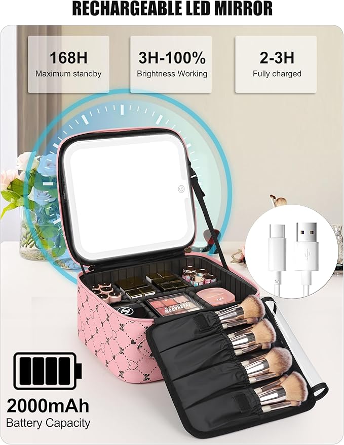 Relavel Travel Makeup Bag With LED Mirror, Compact Cosmetic Organizer Storage with Brush Compartment, 3 Colors in Adjustable Brightness, Adjustable Dividers, Make Up Train Case - Pink Bowknot