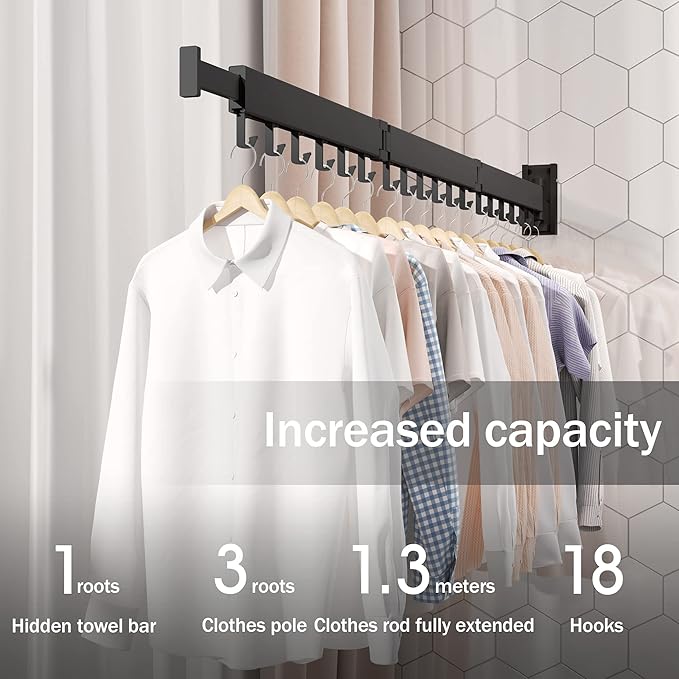 BOQORAD Drying Rack Clothing,Clothes Drying Rack Wall Mounted,Collapsible Hanging Racks for Laundry,Laundry Drying Rack,Wall Mounted Clothes Rack(31.5"-White) (Black-Hooks, Tri-Fold)