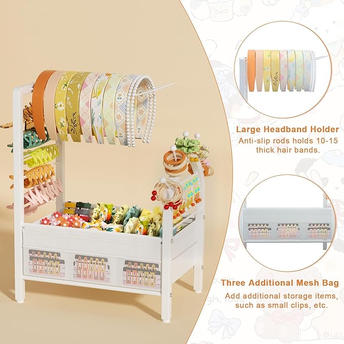 Headband Holder Organizer for Girls and Women - Versatile Hair Accessory Organizer for Dresser, Decorative Headband Storage Stand Rack for Scrunchies, Hair Ties, Claw Clip, Bow & Earrings (White)
