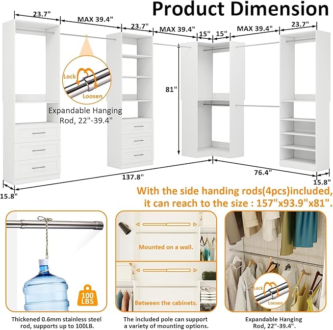 Vomavex Closet System with 4 sets, 101.9" Closet Organizer Systems with 6 Drawers & 8 Hanging Rods & Adjustable Shelves, Walk in Closet Standing Closet System, Corner Closet System Set, White