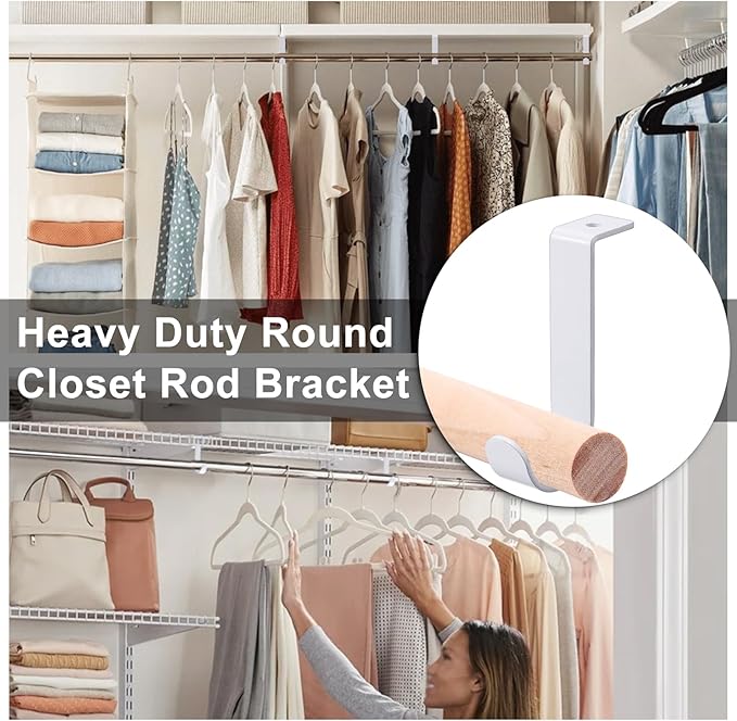 OwnMy 2PCS Closet Rod Brackets Heavy Duty 1 Inch to 1.5 Inch Round Closet Rod Holders, Wall Mount Closet Shelf Rod Pole Support Brackets Clothes Storage Hangers with Screws