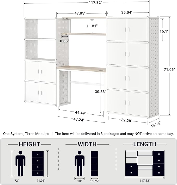 FLEXIMOUNTS Garage Storage Cabinet System, 3-in-1 Modular Metal Tool Cabinet w/Workbench and Metal Board Shelf Includes Pegboard, 24-Gauge Steel, 117"(L) w/ 6 Doors, White, FLEXIMOD Series