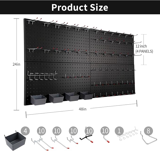 Peg Board for Wall 48x24 inch with 63 Pcs Hooks Accessories, Garage Storage Pegboard Wall Organizer, Metal Pegboard Panels with Hooks, Modular Mounted Control Peg Board Tool Organization (Black)