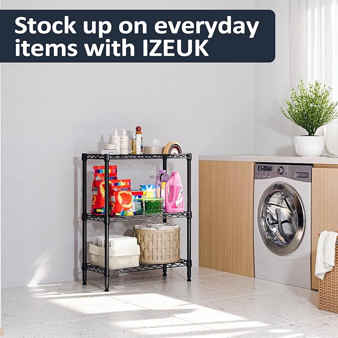 IZEUK 3-Tier Small Storage Shelf Wire Shelving Unit Metal Shelf Adjustable Organizers Storage Shelving for Bathroom Laundry Room Kitchen Pantry, 750 lbs Capacity, Black, 11.8" D x 25.6" W x 31.5" H