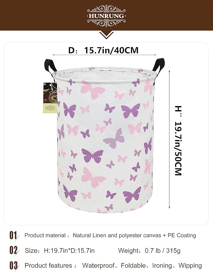 HUNRUNG Collapsible Fabric Storage Basket, Waterproof Laundry Hamper with Handles, Round Storage Bin for Clothes Toys, Foldable Organizer for Bedroom Nursery Bathroom(Round-Purple Butterfly)