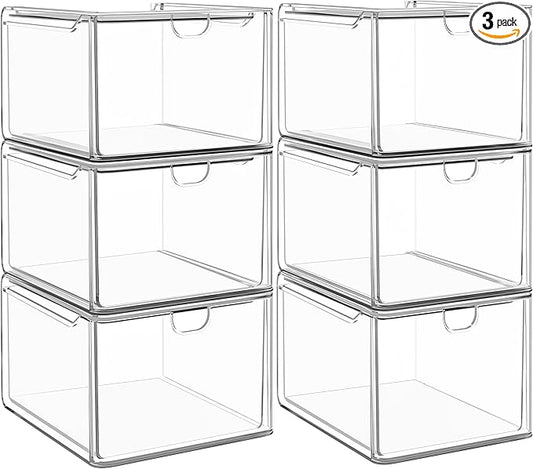 caktraie 6 Pack Small Stackable Stroage Drawers, Acrylic Bathroom Makeup Organizer, Plastic Storage Bins For Vanity, Undersink, Kitchen Cabinets, Pantry, Home Organization