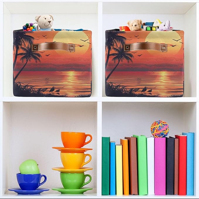 xigua Summer Palm Trees Storage Basket Collapsible Storage Bins Waterproof Canvas Storage Basket with Leather Handles for Home Closets Offices,Bedrooms,Gift Baskets,1PCS