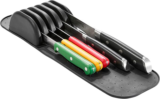madesmart Knife Mat, Compact Soft-Grip Slot Organizer for 5 Knives, Non-Slip Drawer Insert Protects Blades and Maximizes Space, Carbon