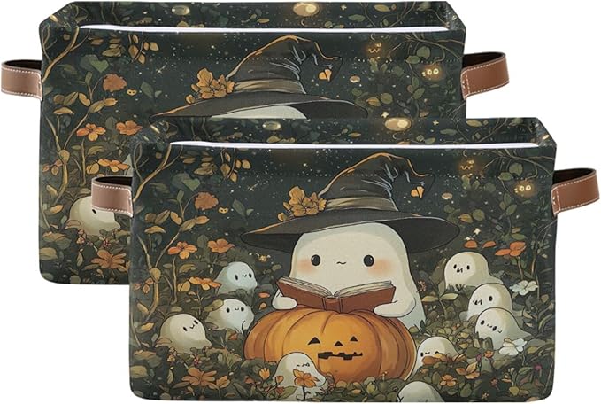xigua Cute Ghost Wearing Witch Hat Storage Basket Foldable Storage Bin, Canvas Rectangular Storage Basket with Leather Handles for Home Closet & Office Decoration