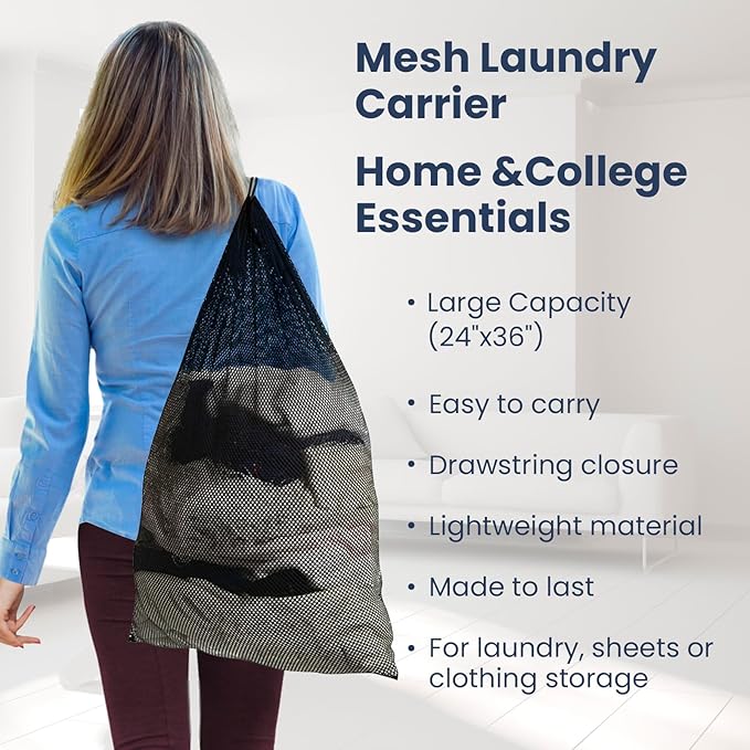 Premium Heavy-Duty Mesh Laundry Bag - Clothes Hamper w/Drawstring - Home & College Essentials Black (36"x24")