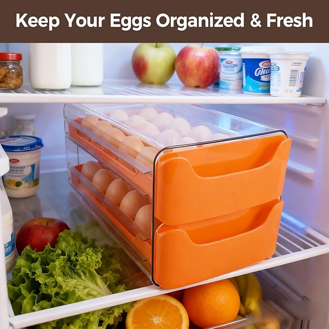 36-Egg-Holder for Fridge, Egg-Storage for Refrigerator Countertop, 2 Tier Dispenser with Drawer, Stackable Clear Egg Tray Container, Egg Organizer, Fits Large Eggs, Orange