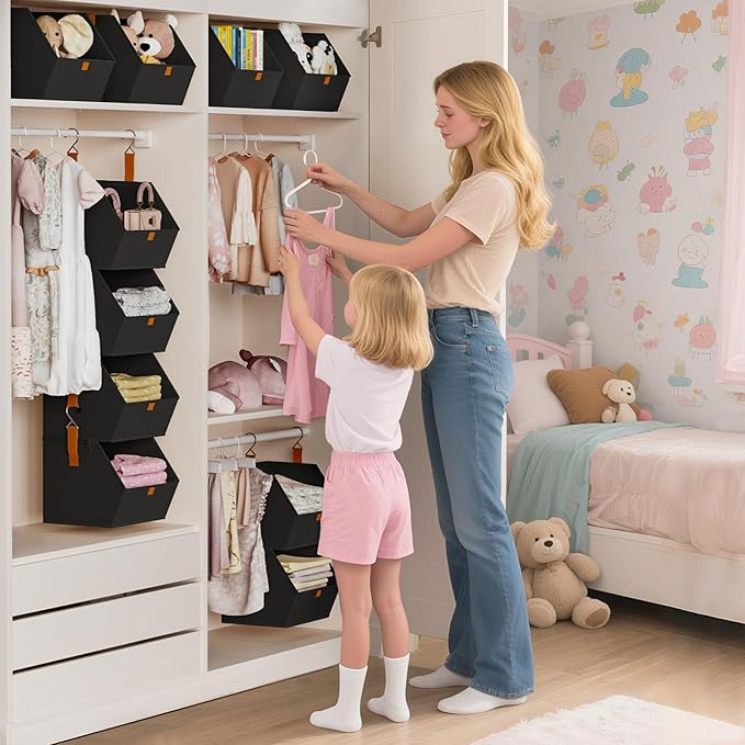 Homsorout Hanging Closet Organizer 4 Tier - Clothes Hanging Shelves, Space-Saving Closet System, Fabric Storage Bins Bedroom Organization, Collapsible Baskets for Home, Dorm, Rv, Black, 8 Pack