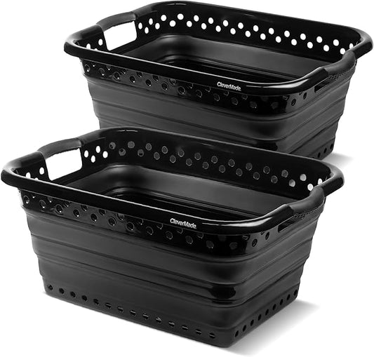 CleverMade Collapsible Laundry Baskets - 39L Foldable Large Collapsible Laundry Basket with Handles for Space Saving Storage, Black, 2 Pack