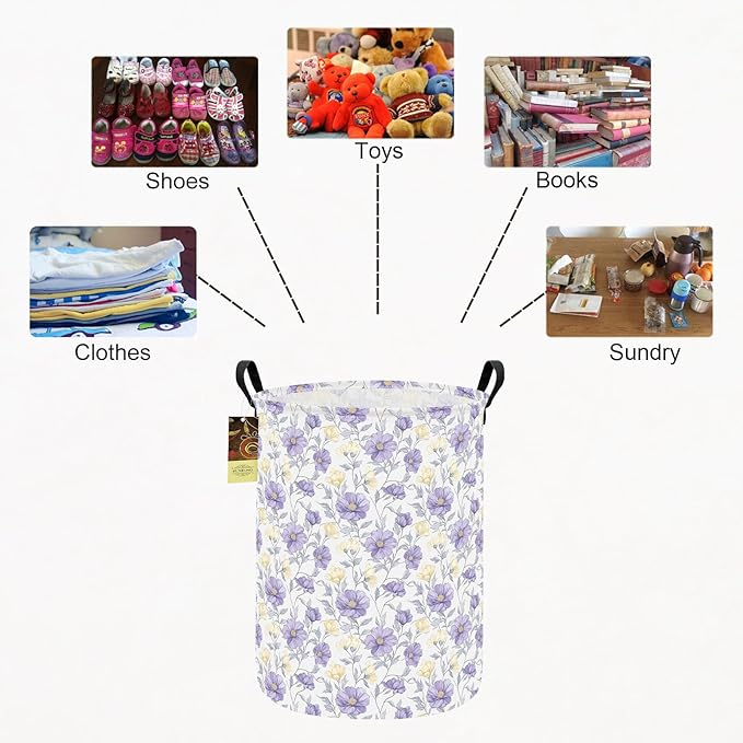 HUNRUNG Collapsible Fabric Storage Basket, Waterproof Laundry Hamper with Handles, Round Storage Bin for Clothes Toys, Foldable Organizer for Bedroom Nursery Bathroom(Round-Purple Flowers)