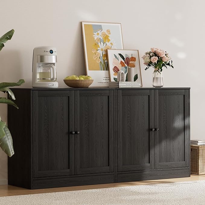 TUSY 71" TV Stand Storage Set - 2 Tall Bookcases & 2 Side Cabinets, Media Console with Glass & Wood Doors, Entertainment Center with Drawers, Tall Media Console for Living Room (Black, ACCA)