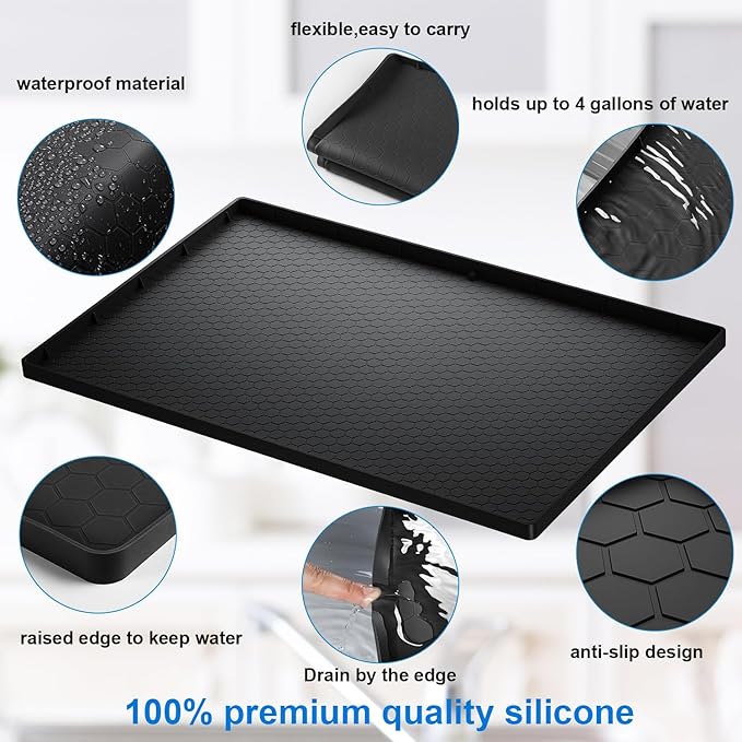 Under Sink Mat - 25" x 19" Waterproof Kitchen Cabinet Mat - Flexible Silicone Under Sink Liner - Kitchen Bathroom Cabinet Mat and Protector for Drips Leaks Spills (Black)